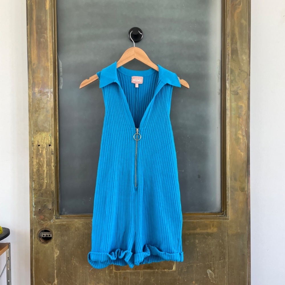 Show Me Your Mumu Teal Rib Knit Zip Front Sweater Tank Romper XS Collared - Picture 4 of 10